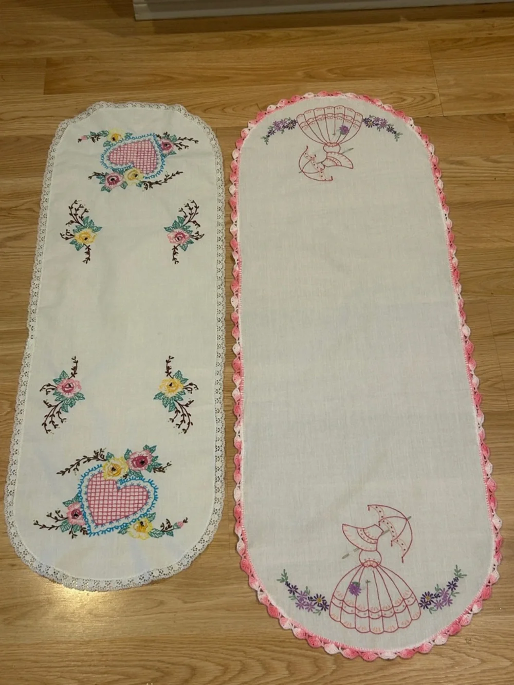 Embroidered Vintage-Style Table Runners - Floral & Pink Trim Qty 2 - Picture 8 of 14